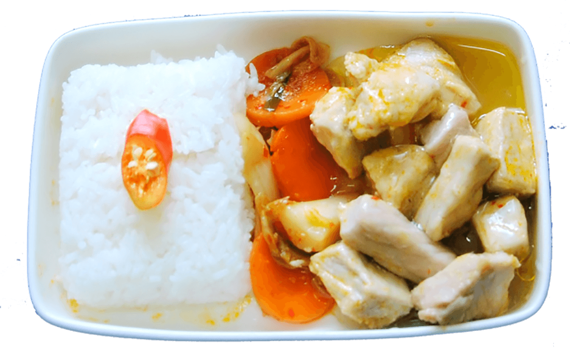 Steamed rice, stewed pork with Korean style